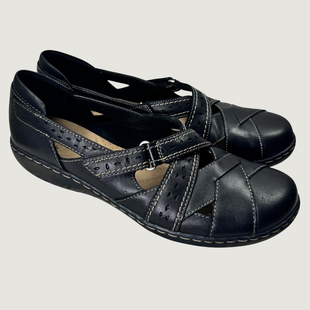 Clarks Collection Mary Jane Flats Shoes Womens 9.5 Black Leather Comfort Walking